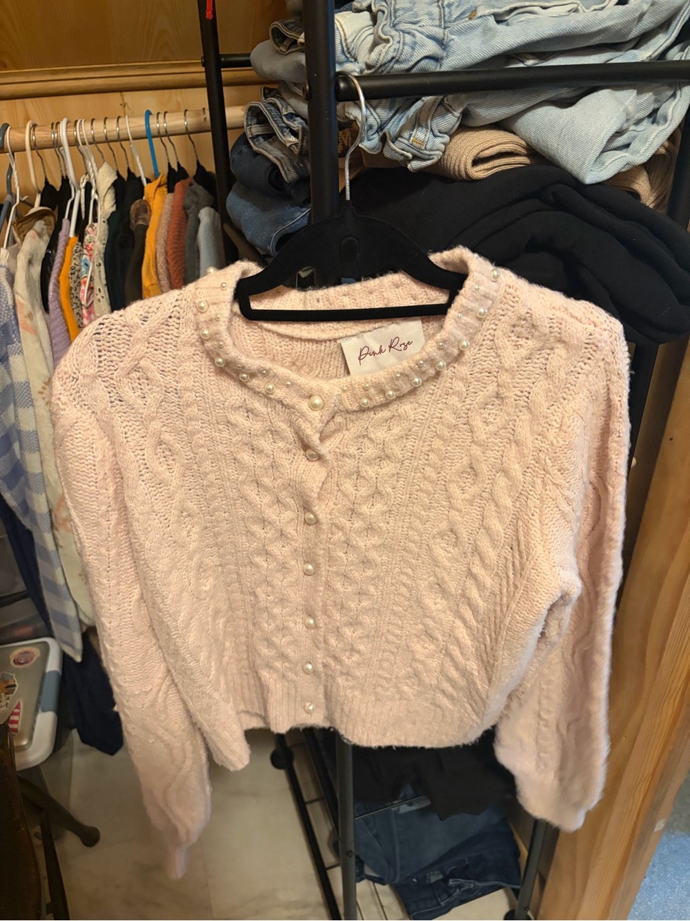 Pink Rose Pale Pink Pearl-Trim Cable Knit Cardigan